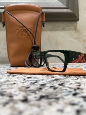 MCM Dark Green Resin Glasses with Tan Leather Case and Coral Accent